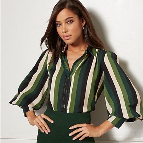 eva mendes for New York & Company Tops - CLASSY EVA MENDES GREEN STRIPE BUTTON DOWN SHIRT